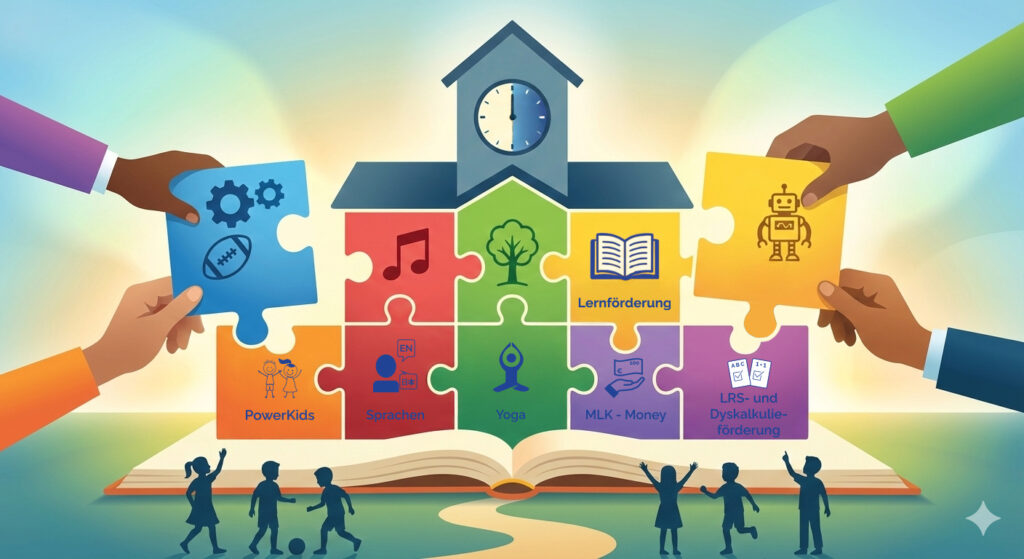 Titelbild Ganztagsangebote - Grafische Darstellung einer Schule aus Puzzleteilen, die Puzzleteile sind jeweils Angebote der Ganztagsschule. Beschriftete Puzzleteile sind Angebote vom Mini-Lernkreis. Bild ist KI-generiert und vom Co-Autor bearbeitet